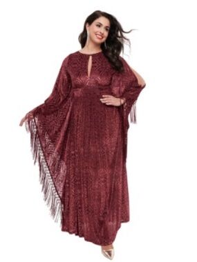 Unique Vintage flutter sleeve Kaftan Dress  Fringe Detail & cold shoulder design
